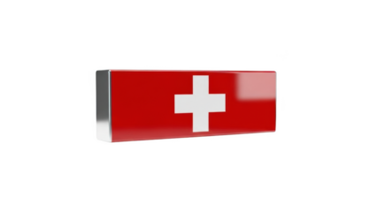 Red rectangular object with white cross symbol and metallic edges on black background image