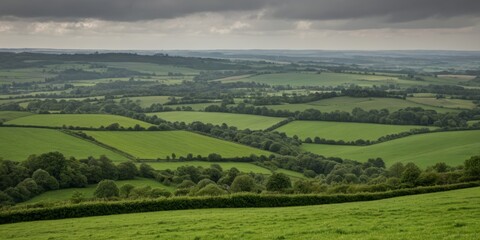 Obraz premium Grüne Hügellandschaft mit weitläufigen Feldern und Wolkenhimmel