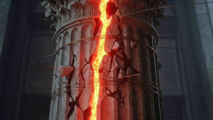 Cracked Column with Lava Destruction Ancient Architecture. Concept featuring column, lava, crack, destruction, ancient.