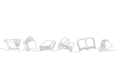 Minimal continuous one line illustration of open and stacked books in a flowing horizontal layout, symbolizing reading, knowledge, education, and lifelong learning, Vector Editable stroke