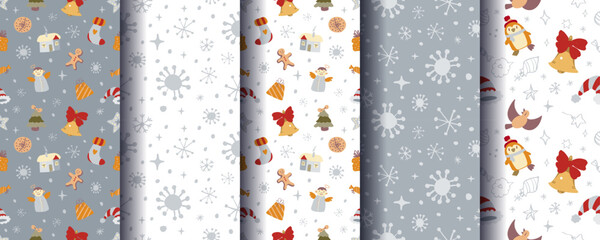 Set of 5 cute cosy seamless Christmas ornaments with festive winter elements. Perfect for holiday backgrounds, wrapping, cards, textiles, packaging, prints and seasonal designs. Vector format.