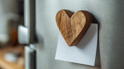 Wooden heart magnet holding a blank note on a stainless steel refrigerator door. Symbolizing love, reminders, or daily notes in a homely kitchen setting.
