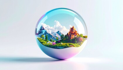 A landscape scene encapsulated within a translucent, iridescent sphere