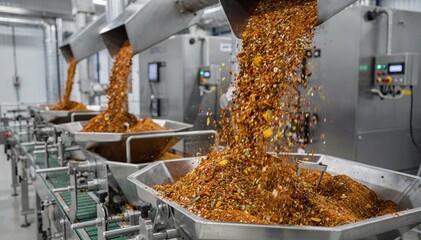 Medium frame capturing coarse spices being conveyed robustly into weigh hoppers on an automated line highlighting texture and industrial efficiency in seasoning production.