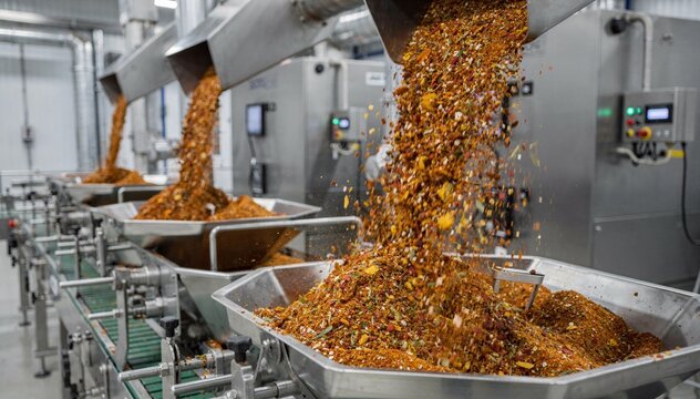 Medium frame capturing coarse spices being conveyed robustly into weigh hoppers on an automated line highlighting texture and industrial efficiency in seasoning production.