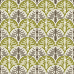  A light olive and cream scallop pattern showcasing intricate, woven feather-like designs with a rhythmic, organic feel.