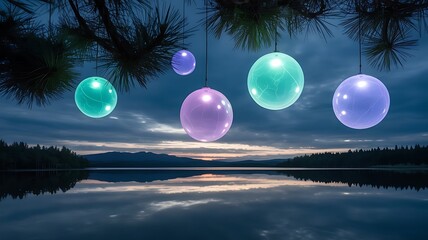 Glowing Orbs Hanging Over Reflective Lake at Dusk sphere