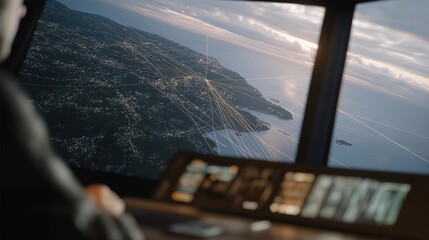 Radar display showing multiple aircraft trajectories converging near a major international airport, highlighting air traffic flow optimization and congestion management. cinematic color correction,