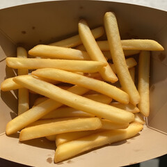 Delicious golden french fries freshly cooked and served in an eco-friendly cardboard box, perfect for a quick and tasty snack.