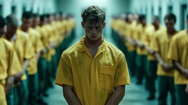 A young man stands at the front, with other prisoners behind him in matching yellow uniforms. The group looks sad and faces the consequences of their captivity