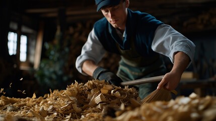 A traditional craftsman sweeping a workshop floor at the end of the day, wood shavings and metal dust reflecting a sense of closure, discipline, and pride in manual labor. cinematic color