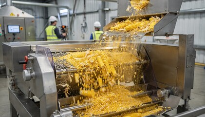 Industrial corn cleaning system in medium shot highlighting efficient removal of stones and husks using advanced vibratory and pneumatic separators.