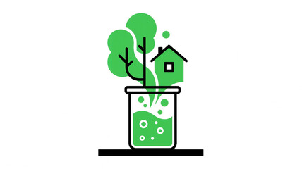 Sustainable Living Experiment: Tree and House Growing from Laboratory Beaker Illustration