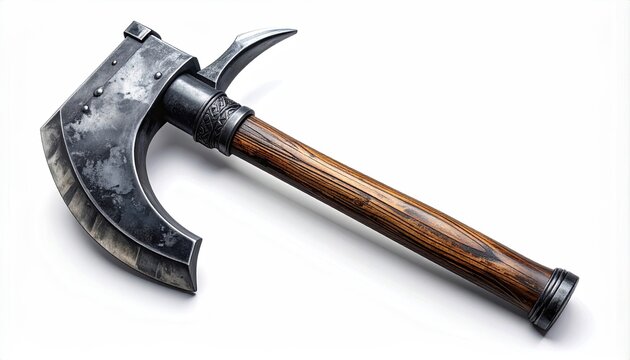 Steel battleaxe with curved blade and wooden handle, white backdrop