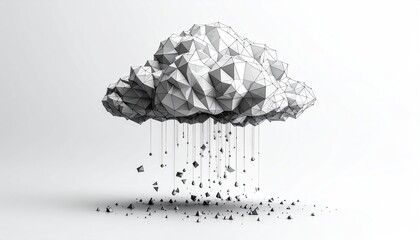 Geometric cloud shedding angular droplets against a pristine white backdrop