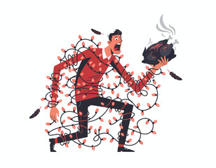 Fototapeta premium A man entangled in Christmas lights runs with a smoking laptop in hand, showcasing a chaotic scene in a flat design illustration.