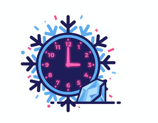A flat design clock surrounded by snowflakes in a trendy corporate style.