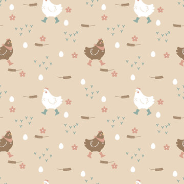 seamless minimal chicken animal and egg repeat pattern background, flat vector illustration graphic design