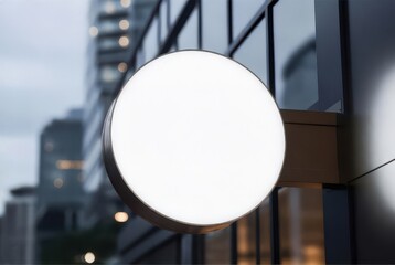 Blank Circular Lightbox Sign Attached to Modern Building Exterior Facade