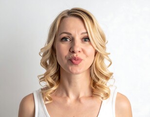 Woman with blonde, curly hair makes a kissy face