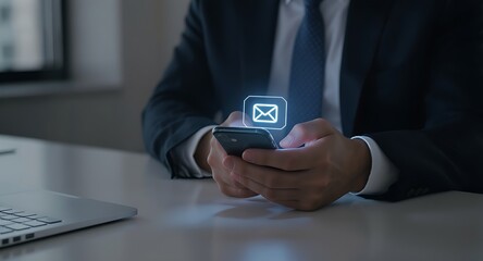 Businessman using smartphone with email icon.