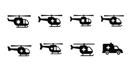 A collection of black silhouette helicopters in various orientations © MdNirob