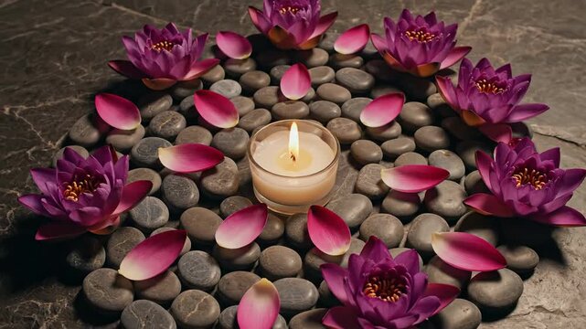 Serene Spa Ambiance with a Lit Candle Surrounded by Purple Water Lilies and Smooth Grey River Stones on a Dark Textured Surface