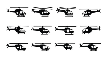 A collection of black silhouette helicopters in various orientations © MdNirob