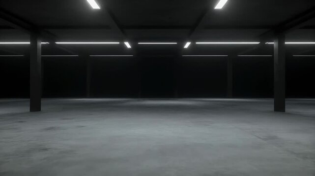 Dark empty industrial warehouse interior with dramatic lighting and clean concrete floor. Modern industrial background with copy space.