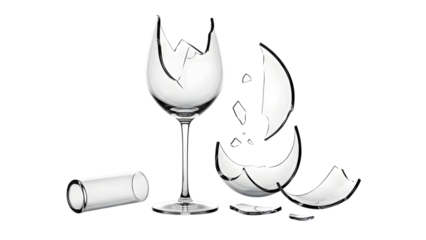 Broken wine glass with shards and empty bottle on a flat surface isolated on a transparent background