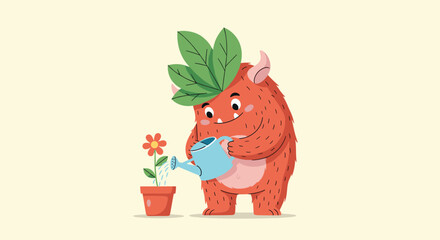Cute red furry monster with horns and leaves on its head watering a small potted flower using a blue watering can on a light yellow background.