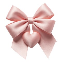 Beautiful pink satin bow with heart decoration on a white background symbolizing love and affection, perfect for gift wrapping and special occasions.