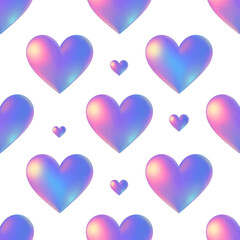Seamless Holographic Iridescent 3D Heart Vector Pattern &mdash; Pastel Pink‑Purple‑Blue on White (Valentine's Day)