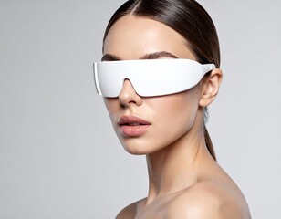 Woman with glossy brown hair and futuristic white eyewear
