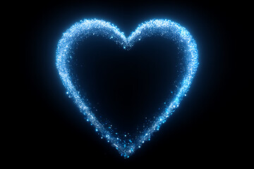 blue heart shape light particles isolated on black background for design overlay, sparkler, spark, sparks, sparkle