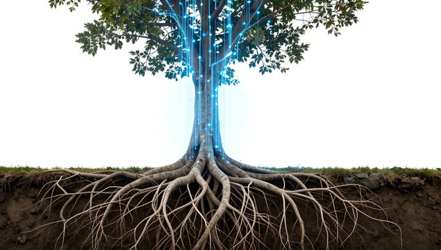3D tree with exposed roots & neon blue data streams &mdash; soil cross-section, white background, digital transformation hero image