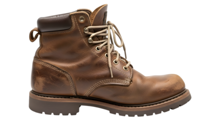 Brown leather work boot with white laces and rugged sole isolated on a transparent background brown leather boot