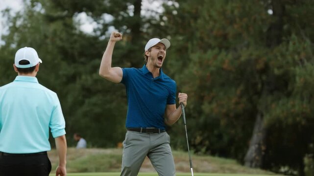 Excited golfer celebrating victory on lush golf course with teammates
