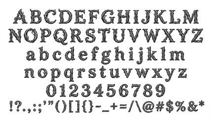 font alphabet in black on white style from a to z numbers punctuation isolated on white background