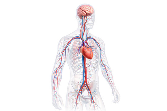 Human circulatory system anatomy illustration showing heart brain arteries veins full body medical education isolated on white background