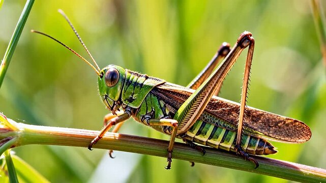 Green grasshopper on plant stem