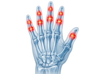 Human hand finger joint anatomy illustration highlighting arthritis inflammation pain orthopedic medical radiology isolated on white background