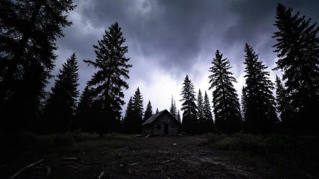 Extreme wide shot of a small, silhouetted shack nestled in a clearing surrounded by looming, dark pine trees under a threatening, cloud-covered night sky wide landscape, dark pine trees, desolate