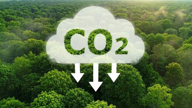 Lush green forest canopy with cloud graphic, CO2 letters and arrows symbolizing carbon reduction for a healthier environment.