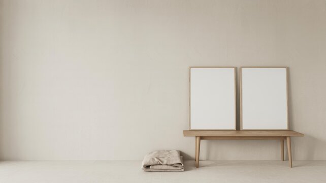 Beige Scandinavian Minimalist Poster & Print Mockup &mdash; Wooden Bench, Two Blank Vertical Frames, Left Copy Space