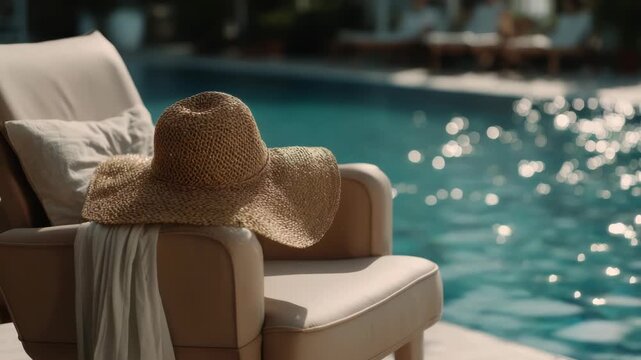 Relaxing poolside scene with sunhat and cushioned lounge chair