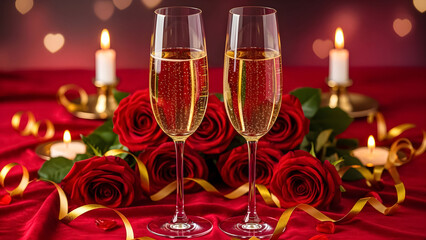 Two glasses of sparkling champagne are beautifully arranged with a bouquet of deep red roses symbolizing romance near softly glowing candles on a velvet surface.