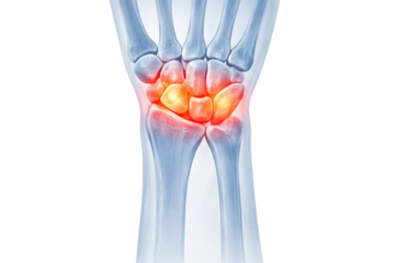 Human wrist joint anatomy illustration showing carpal bones inflammation pain orthopedic medical education isolated on white background