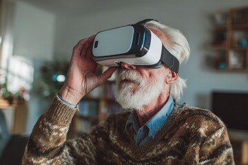 Senior man experiences virtual reality in cozy indoor setting, exploring new worlds and engaging with technology at home in the afternoon