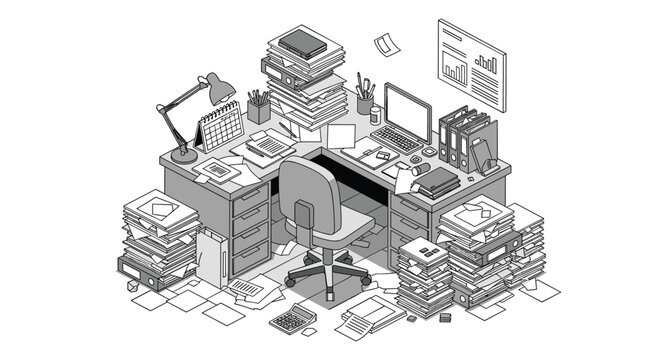 Extremely cluttered and messy office desk filled with stacks of papers, files, books, and various stationery in a line art style.